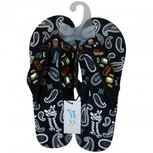 Black Wedge Flip Flop Sandals with Embellishments NEW